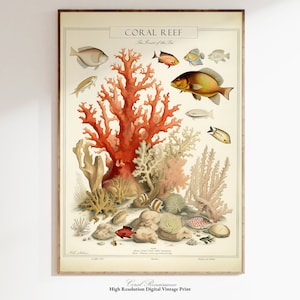 Impresión del océano vintage, arte de la pared costera imprimible, cartel del océano, arte de coral, arte del carro de la barra, arte de peces de arrecife de coral, descarga digital, arte de la vida marina