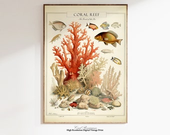 vintage Ocean Print, Printable Coastal Wall Art, Ocean Poster, Coral Art, Bar Cart Art, Coral Reef Fish Art, Digital Download, Sea Life Art