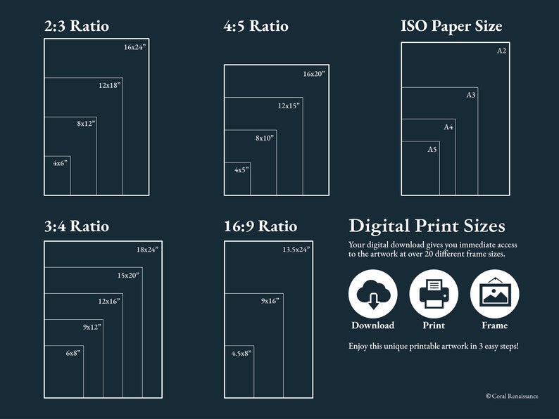 Peut inclure: Un tableau montrant diff&eacute;rents rapports d'aspect et leurs tailles d'impression correspondantes en pouces. Le tableau comprend les rapports 2:3, 3:4, 4:5, 16:9 et les formats de papier ISO A2, A3, A4 et A5. Le tableau comprend &eacute;galement une section pour les tailles d'impression num&eacute;riques avec des ic&ocirc;nes pour le t&eacute;l&eacute;chargement, l'impression et l'encadrement.