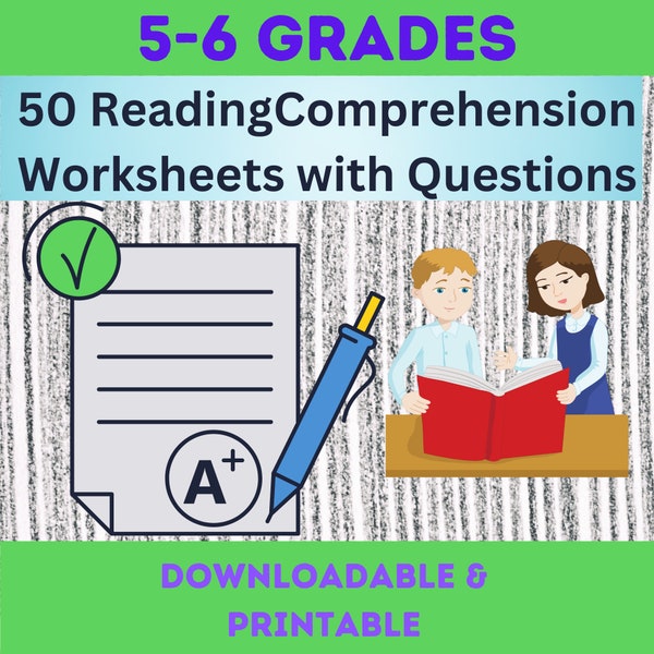 English  Reading Comprehension Worksheets  Grades  5-6    Downloadable & Printable,  50  wonderful worksheets with beautiful graphics.