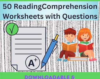 May include: An educational graphic with the text "1-4 GRADES" and "50 Reading Comprehension Worksheets with Questions." Includes illustrations of children reading, a pen, and a worksheet with an A+ grade. The words "DOWNLOADABLE & PRINTABLE" are also present.