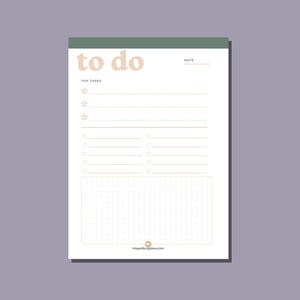 May include: A white to-do list notepad with a dark green top border. The page features the text to do, date, and top tasks. It includes three star-bulleted lines, ten circular-bulleted lines in two columns, and a grid section at the bottom.