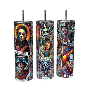 Vaso de 20 oz con carta del tarot de película de terror para Halloween