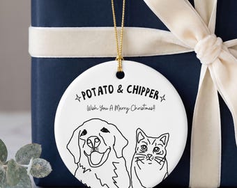 Custom Pet Portrait Ornament Personalized Doodle Sketch for Animal Lover Porcelain Keepsake for Dog Cat  Owner