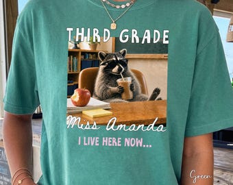 Custom Third Grade Teacher Shirt Funny Raccoon Meme I Live Here Now Name and Grade Level Graphic Tee  Teacher Gift for Him or Her