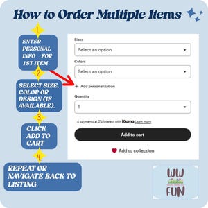 May include: A light blue graphic with instructions on how to order multiple items. The steps include entering personal info, selecting size and color, clicking "Add to cart," and repeating or navigating back to the listing. The image also shows options for sizes, colors, and quantity.