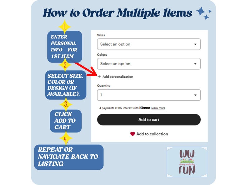 May include: A light blue graphic with instructions on how to order multiple items. The steps include entering personal info, selecting size and color, clicking "Add to cart," and repeating or navigating back to the listing. The image also shows options for sizes, colors, and quantity.