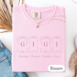 Gigi Shirt, Comfort Colors Personalized Shirt for Mimi Grandma Nana with Grandkid&#39;s Names, Cute Coquette Bow T-Shirt, Custom Grandma Gift