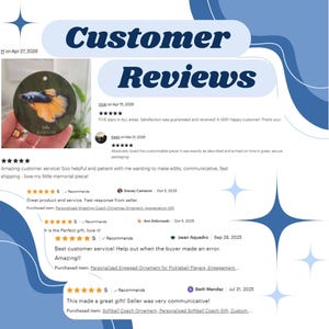 May include: A graphic with the words "Customer Reviews" in blue. The image includes customer testimonials with star ratings and comments about product quality, service, and personalization.