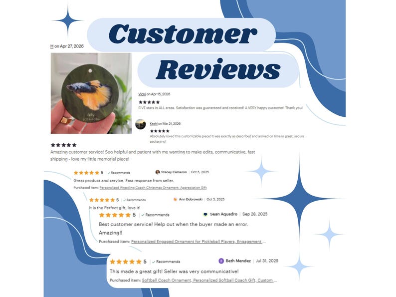 May include: A graphic with the words "Customer Reviews" in blue. The image includes customer testimonials with star ratings and comments about product quality, service, and personalization.