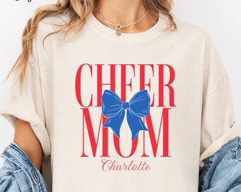 Custom Cheer Mom Shirt For Cheerleader Mom Gift Name Design for Cheer Parent Personalized Bow Graphic Tee