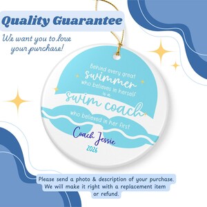 May include: A round ceramic ornament with a gold string for hanging. The ornament features text in blue and white, including "swim coach" and "Coach Jessie 2026". The background has a light blue wave design.