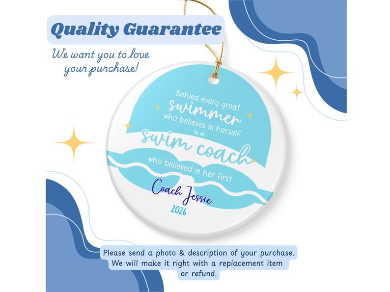 May include: A round ceramic ornament with a gold string for hanging. The ornament features text in blue and white, including "swim coach" and "Coach Jessie 2026". The background has a light blue wave design.