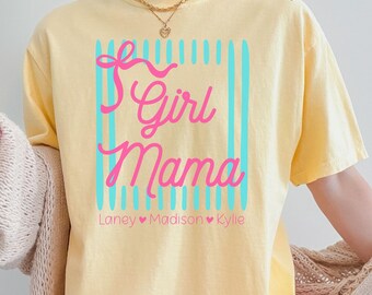 Girl Mama T-shirt | Pink Script with Teal Stripes