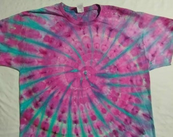 Adult XL Mystical Harmony: Purple & Aqua Spiral Tie-Dye T-Shirt