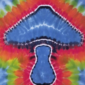 May include: Tie-dye shirt with a colorful psychedelic mushroom design. The mushroom is blue with a white outline and a black stem.