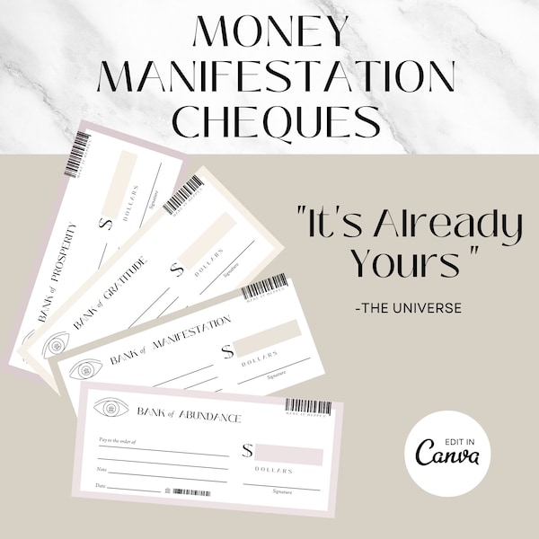 Money Manifestation Cheques, Law of Attraction, Printable Manifestation Cheques, Wealth, Money Goals, Attract Abundance