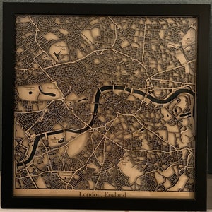 Carte de Londres, Angleterre | Carte artistique en bois stratifié | Cartes personnalisées disponibles dans toutes les villes | Carte découpée au laser | Décoration de bureau | Cadeau