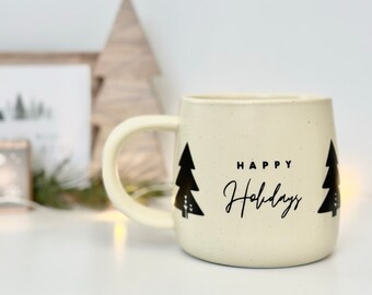 Happy Holidays Coffee Mug, Ceramic Coffee Mug, 14oz Coffee Mug, Speckled sesame Mug, Modern Christmas Mug