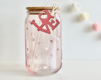 Exclusive Valentine’s Day Beer Glass Can, Pink Tinted Glass Can, 17oz Libbey Glass Can, Valentine’s Day gift, Glass Can with lid and straw.