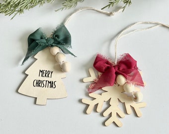 Wooden Christmas Gift Tags, Snowflake or Tree, Ribbon Accent, Set of 5