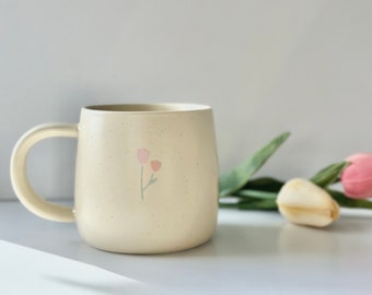 Spring Coffee Mug, Speckled Sesame Coffee Mug, Beige 14oz Coffee Mug, Tulip Coffee Mug, Cute Spring Mug, Easter gift, Gifts for her,