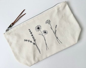 Large Canvas Makeup Bag: Wildflower Zipper Pouch with Waterproof Lining
