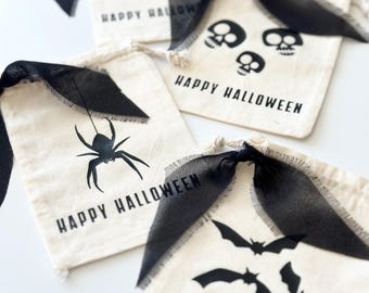 Halloween Treat Bags | Organic Cotton Party Favors with Black Chiffon Ribbon (Set of 12)
