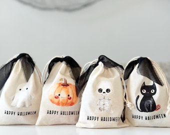 Halloween Treat Bags: Organic Cotton Party Favors, Chiffon Ribbon (Set of 12)