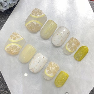 3D Yellow Lemon Fruit  Press On Nails | Hand Painted Nails | Fake Nails | Gel Nails | Fruit Nails | Cute Kawaii Nails |