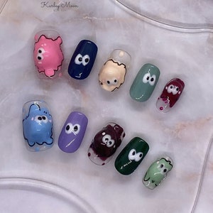 Cute 3D Eyes Colorful Press On Nails | Hand Painted Nails | Fake Nails | Gel Nails | Kawaii Cute Nails | Manga Design Nails |