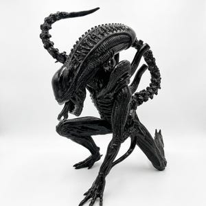 Può includere: Una statuetta nera lucida di una creatura Xenomorfo in una posa accovacciata e predatoria. La figura presenta una testa allungata e liscia, una coda segmentata che si curva verso l'alto e dettagliate strutture simili a costole sul corpo.