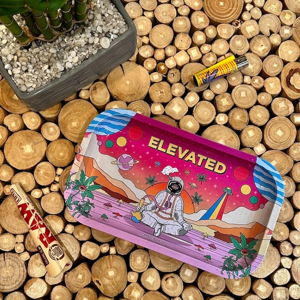 Meditating Zen Spaceman Rolling Tray - Decorative ELEVATED Design Metal Tray Pink Herb Tray