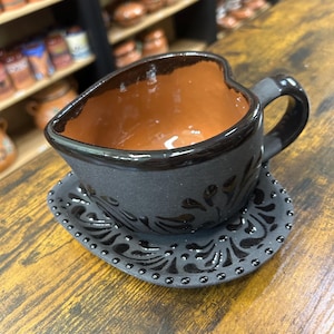 Black Heart Shape Clay Mug and Plate Set Taza Negra Corazon con Plato De Corazon Hecho En Mexico