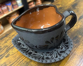 Black Heart Shape Clay Mug and Plate Set Taza Negra Corazon con Plato De Corazon Hecho En Mexico
