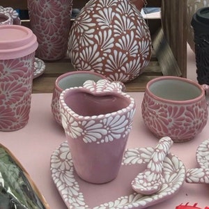 Talavera Heart Shape Mug Set Made in Mexico Talavera Mexicana Talavera Pottery Coffee Mug with Plate and Spoon Mug Set