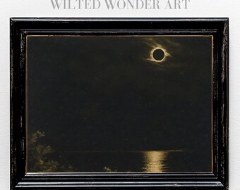 May include: A black framed painting of a dark night sky with a solar eclipse over a body of water. The eclipse is a ring of light around a dark circle. The water is reflecting the light of the eclipse.