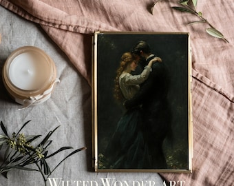May include: A framed painting of a couple embracing in a forest setting. The painting is in a gold frame and is set against a light pink fabric background.