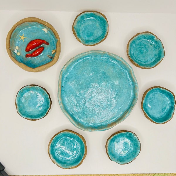 Ensemble Haftseen, art de la poterie, Nowruz Haftseen, Haftseen en céramique, poisson d'or fait main, décoration murale