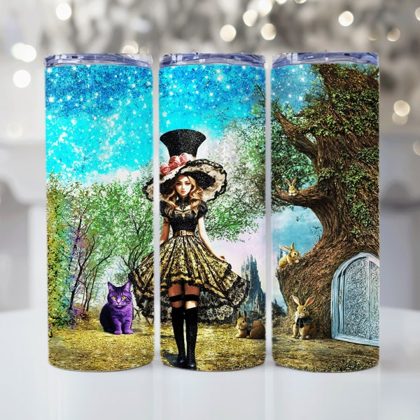 Mad Hatter, Rabbits, and Cheshire Cat, 20oz Sublimation Tumbler Designs, Galaxy 9.2 x 8.3” Straight Skinny Tumbler Wrap, PNG, Alice Theme