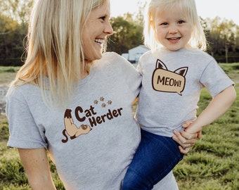 Conjunto de camisa combinando para mamãe e eu, pastor de gatos, camisas de família combinando, humor de gato, camisa de amante de gatos