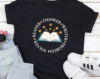 Camiseta infantil de alfabetização, leitor, camiseta gráfica para solucionador de problemas, camiseta para amantes de livros, mentalidade de crescimento