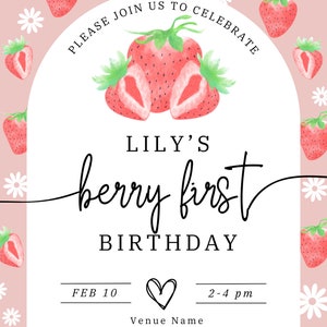 Strawberry & Daisy Delight: Berry First Birthday Digital Party Invite