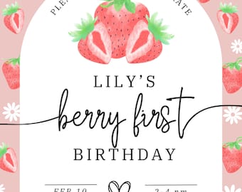 Strawberry & Daisy Delight: Berry First Birthday Digital Party Invite