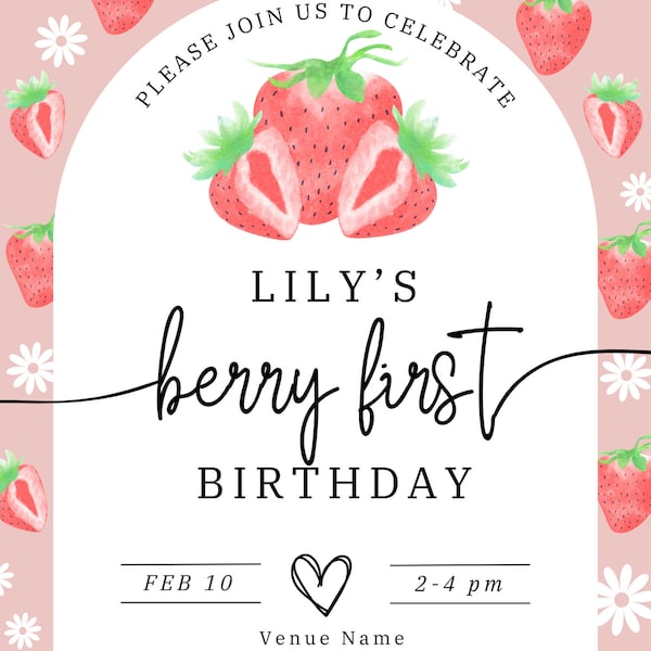 Strawberry & Daisy Delight: Berry First Birthday Digital Party Invite