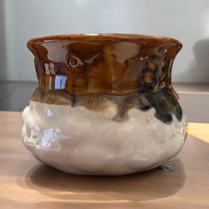 Peut inclure: Un pot en céramique brun et blanc avec une surface texturée et irrégulière. Le pot a une large ouverture ronde et une base étroite. Le haut du pot est émaillé d'une couleur brune, tandis que le bas est émaillé d'une couleur blanche. Il y a des accents bruns et noirs sur le pot.