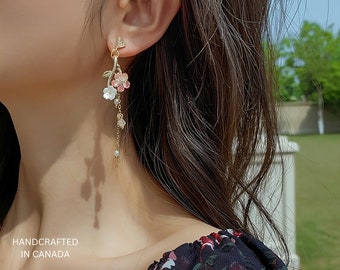 Gold Plated Flower Dangle Earrings | Rose Gold Sakura Earrings | Pink Cherry Blossom Drop Earrings | Gold Backed Cubic Zirconia Earrings