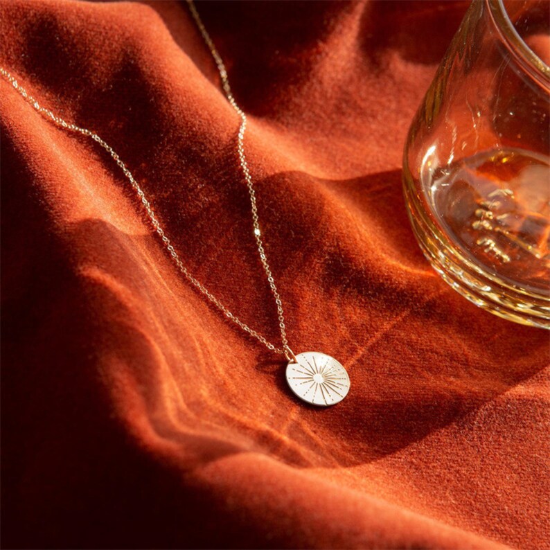 18K Gold Plated Waterproof Sun Pendant Necklace Gold Non Tarnish Sunshine Necklace Minimalist Gold Sunbeam Circle Pendant Necklace image 3