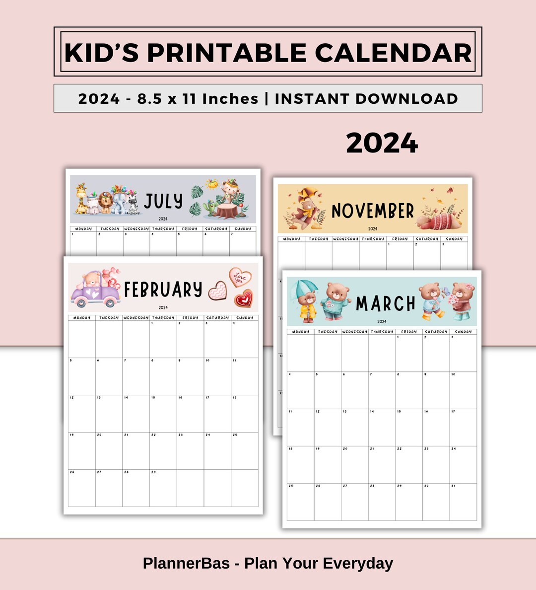 Printable Calendar for Kids Wall Calendar Kids Room Decor Etsy