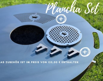 Plancha Grillplatte D 800 mm Feuerplatte Stahl als Set inkl. Abstandshalter und Edelstahl Mitteleinsatz